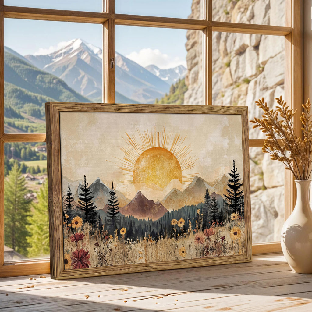 Framed Vintage Sunrise Mountain Landscape Wall Art, Golden Sunburst Meadow Forest Canvas Print, Retro Wildflower