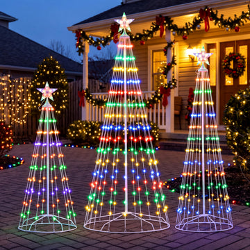 3 Pack LED Christmas Cone Tree Lights, 4FT 5FT 6FT Outdoor Lighted Tree with 8 Lighting Modes & Star Topper