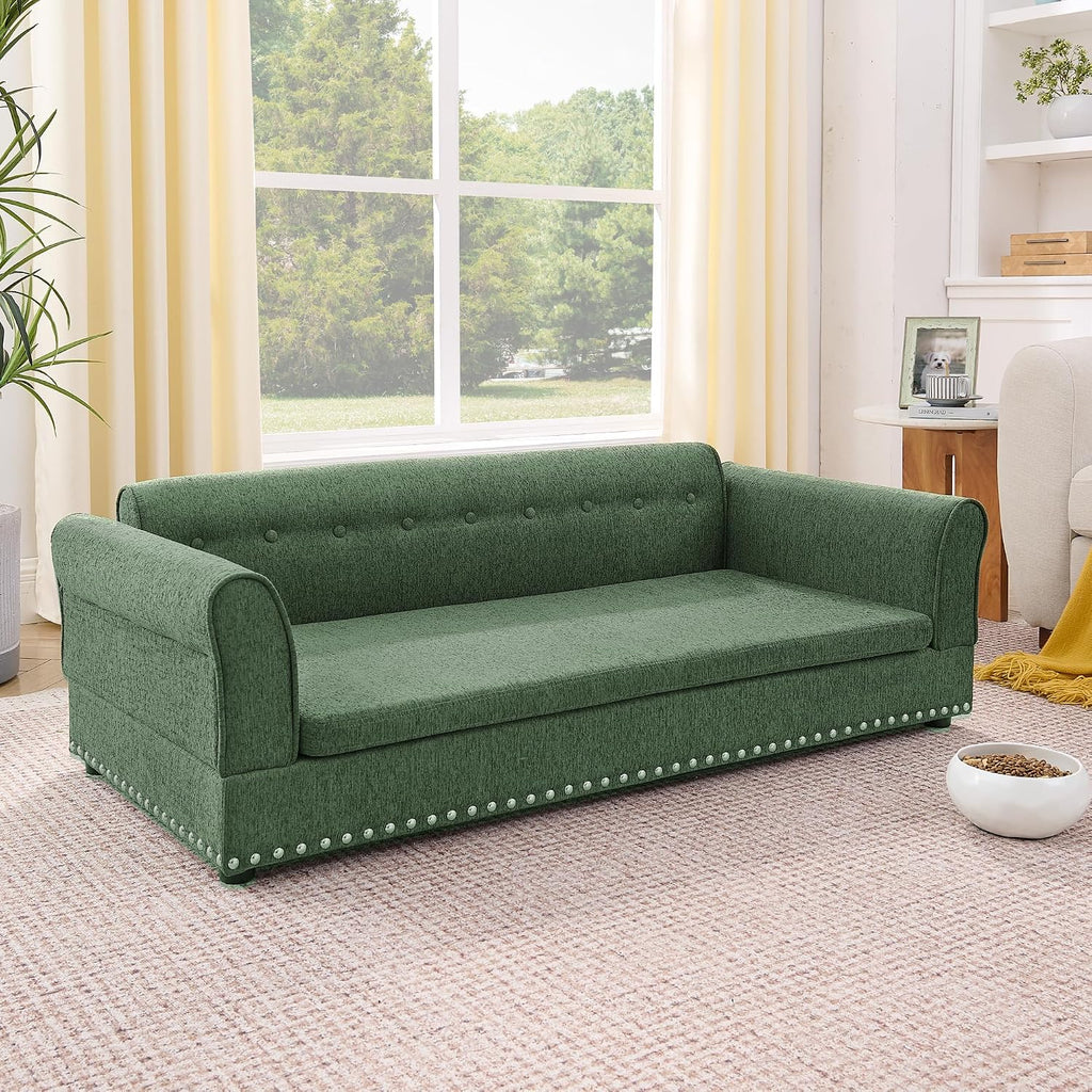 Oversized Sofa Pet Bed, Pet Bed Sofa with Backrest, Dog Couch Bed with Linen Fabric for Large Dogs, Olive Green
