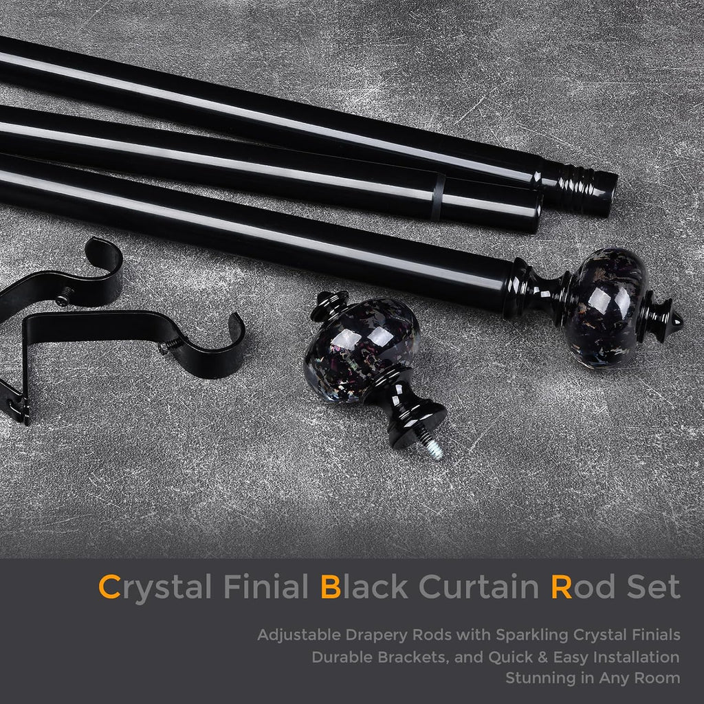 Black Curtain Rod for Windows, 1'' Heavy Duty Adjustable Modern Drapery Rods with Unique Crystal