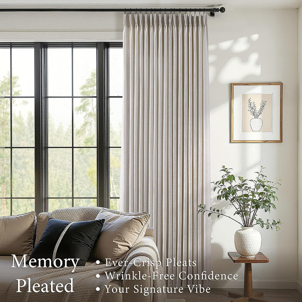 Pinch Pleated Linen Curtains 90 Inches Long 2 Panels for Living Room Bedroom Light Filtering Curtain Memory Shape