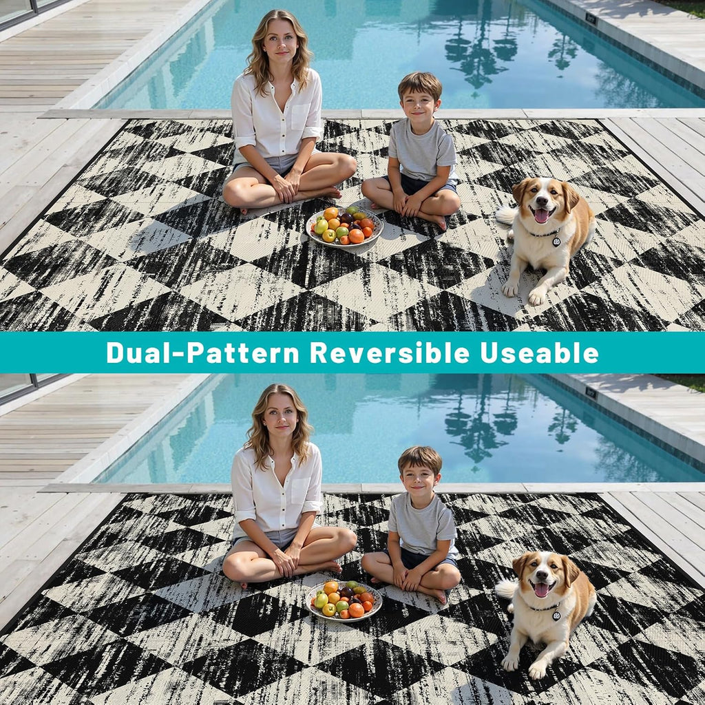 Outdoor Rug Waterproof, Checkered Reversible Plastic Patio Rug