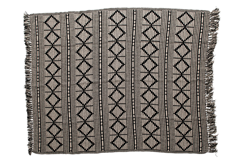 Soft Reclaimed Cotton Blend Throw with Diamond Pattern and Fringe, Black and Beige