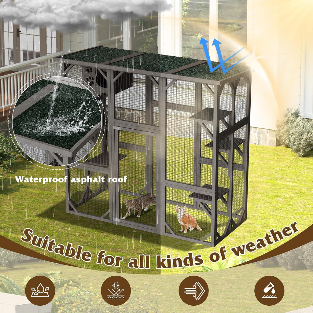 Catio Outdoor Cat Enclosure, Wooden Cat House with Resting Box, Grey