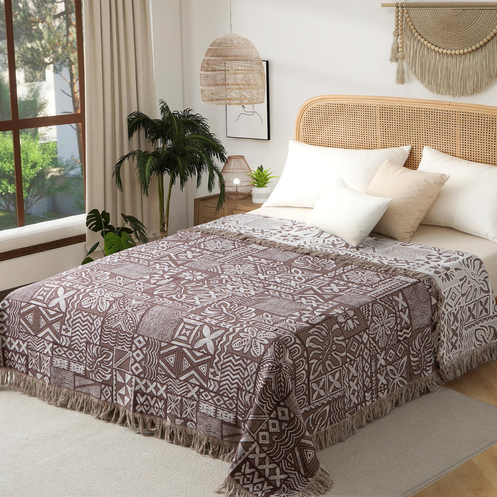 Boho Throw Blanket, Soft Cozy Cotton Muslin Quilt Blanket for Bed Decor, Patchwork Block Couch Sofa Chair