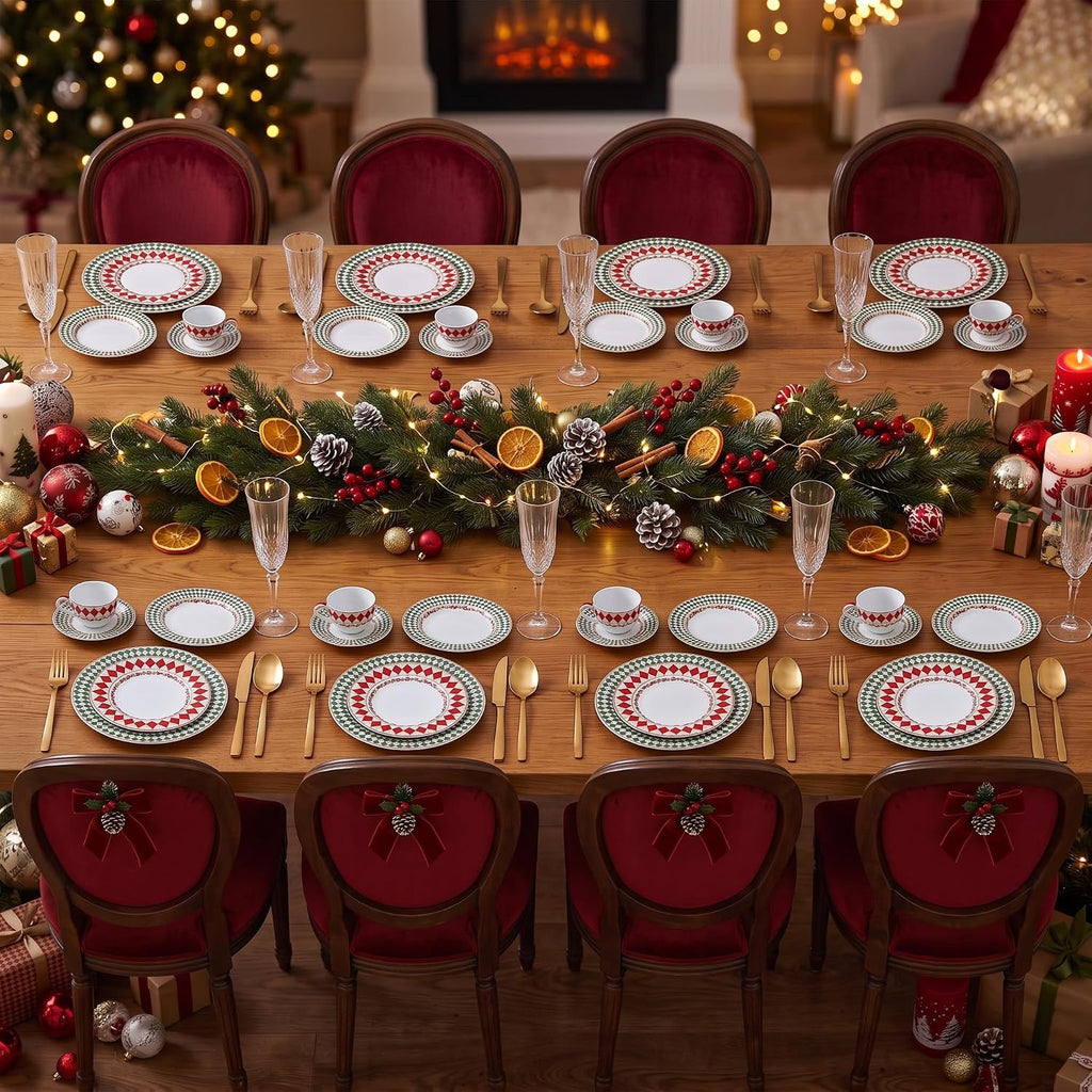 Christmas Argyle Real Gold Trim Porcelain Dinnerware Set, Piece Service for 8 Plates Bowls Mugs