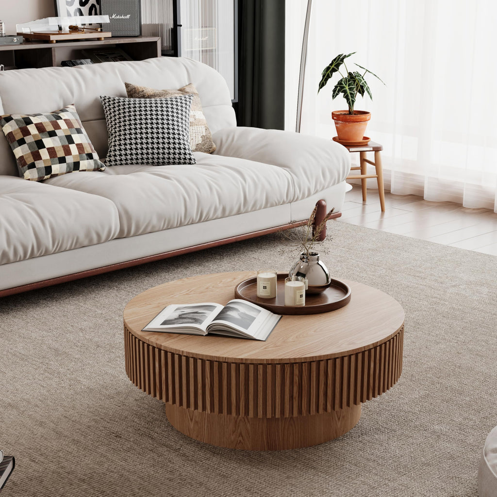 31.5''Round Coffee Table with Storage, Modern Luxury Circle Drum Center Tables with Solid Wood Veneered, Accent Side