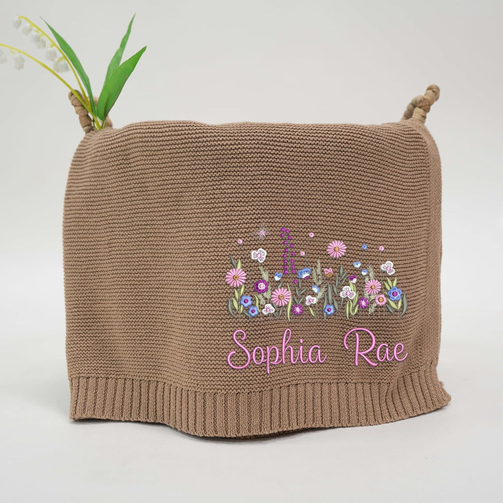 Wildflower Nursery Quilt Blanket with Ruffle Edge - Custom Embroidered Floral Name Blanket, Personalized Newborn Gift