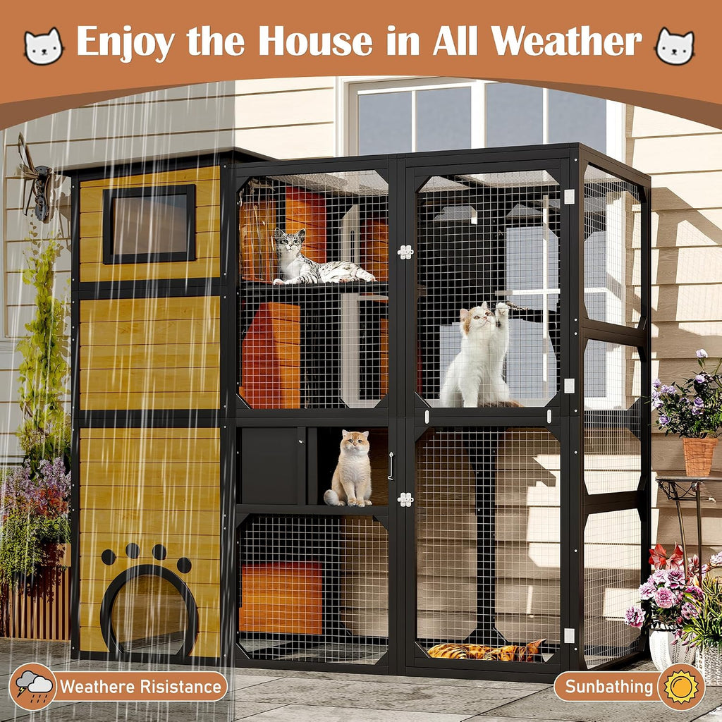 Large Outdoor Wooden Catio Enclosure for 6-10 Cats, Weatherproof PC Roof Cat Cage with 6 Platforms, Climbing Ramp