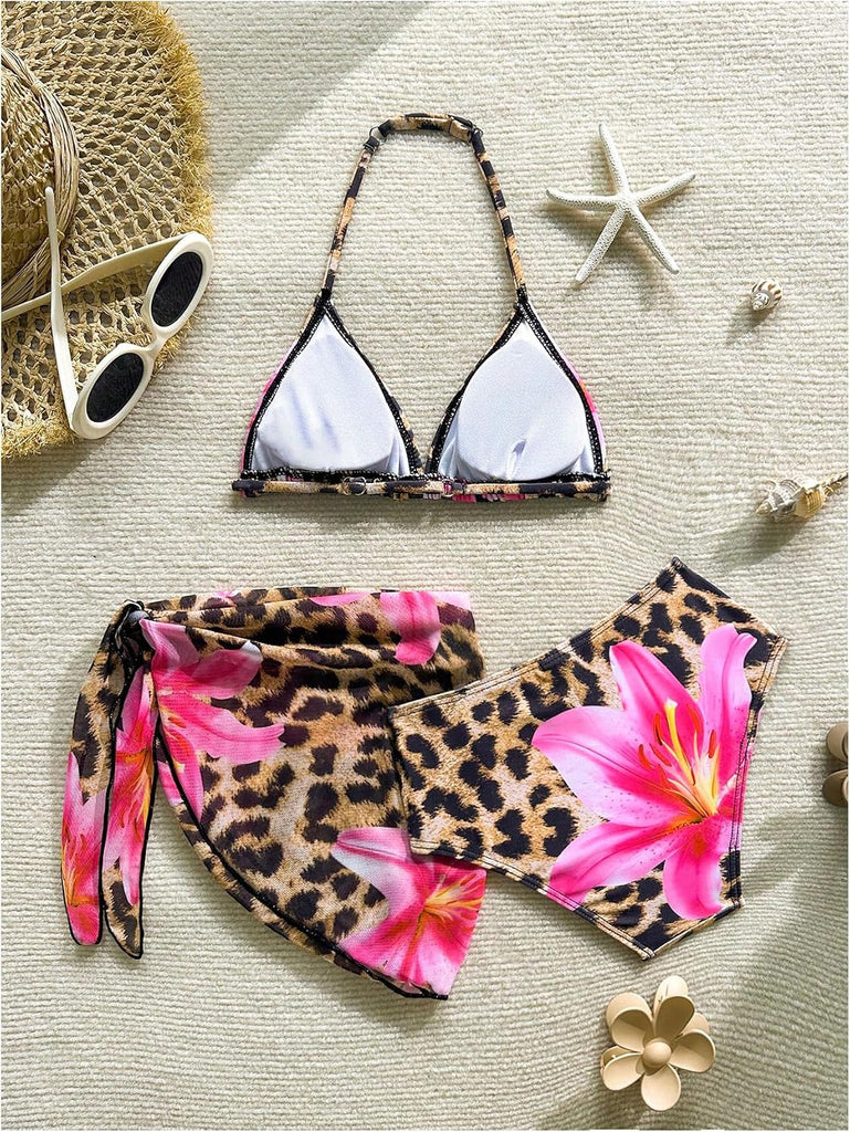 Girl's 3 Piece Swimsuits Leopard Floral Triangle Halter Bikini Set with Cover Up Beach Sarongs