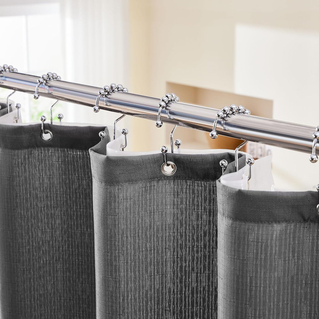 Grey Shower Curtain and Liner, 3 in 1 Shower Curtain Set with 12 Double Sided Shower Curtain Hooks, Cloth Shower