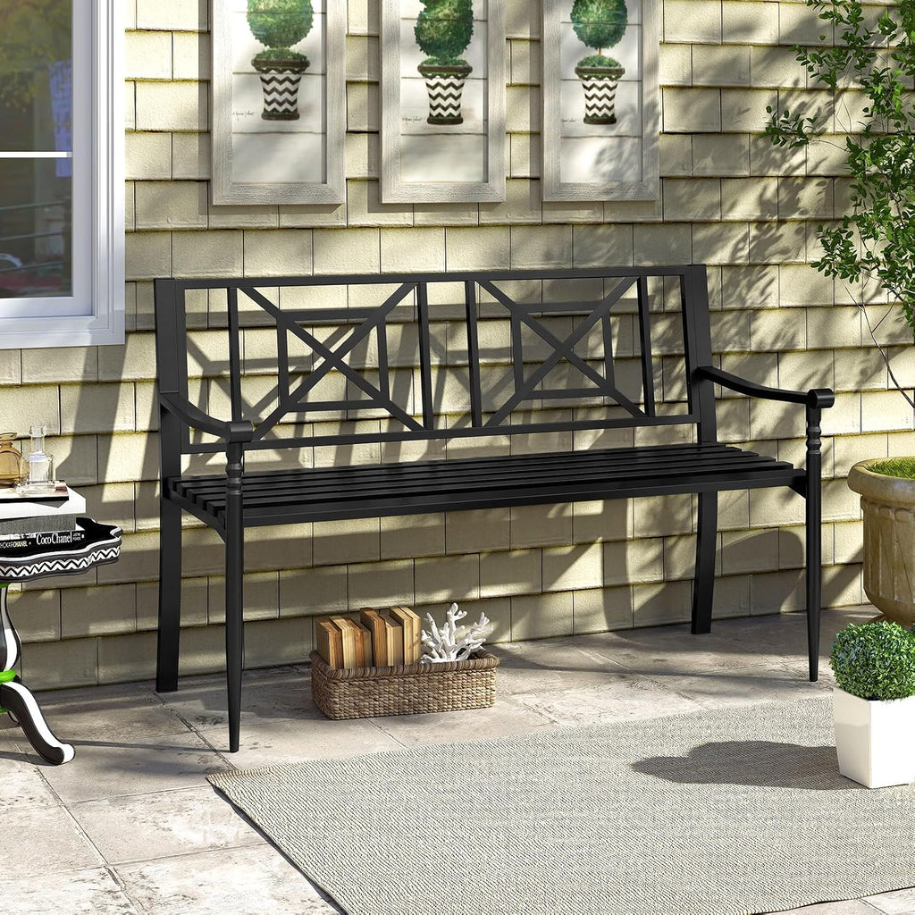 Metal Outdoor Bench with Backrest, Curved Armrests, Non-Slip Foot Pads, Slatted Seat for 2-3 Persons, Load 660lbs