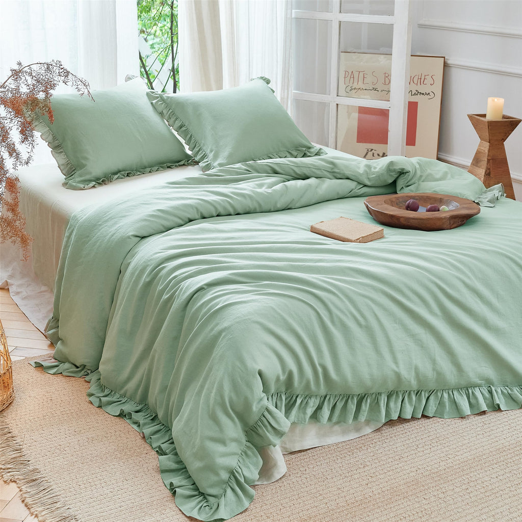 Ruffled Linen Cotton Duvet Cover Set 3Pcs, Breathable Natural Blend with Feminine Ruffle Accents (1 Duvet Cover & 2