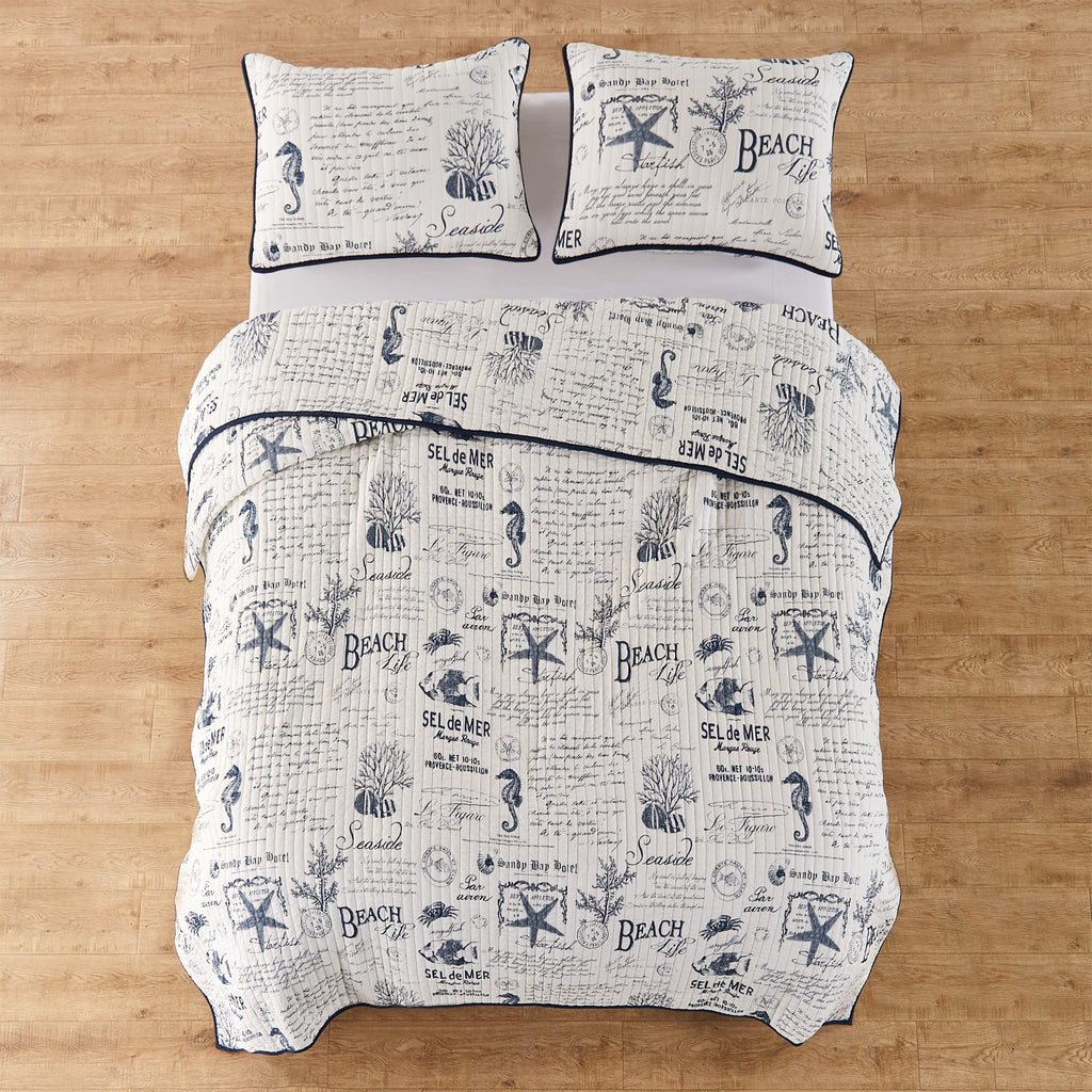 Beach Life Full/Queen Cotton Quilt Set Navy Coastal