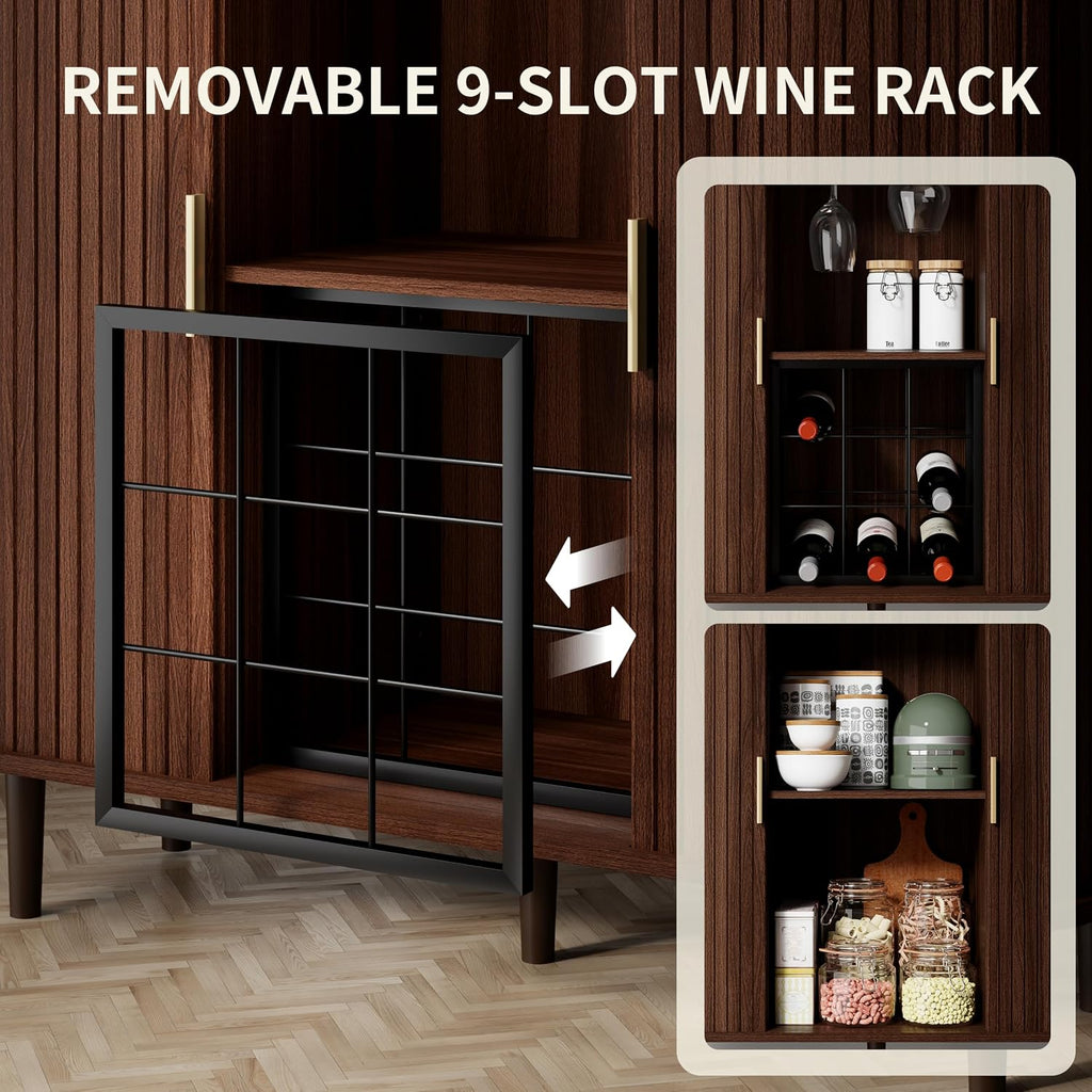 71" Tall Wine Bar Cabinet with Storage & Wine Rack,Fluted Liquor Cabinet,Modern Coffee Bar Cabinet with LED Lights