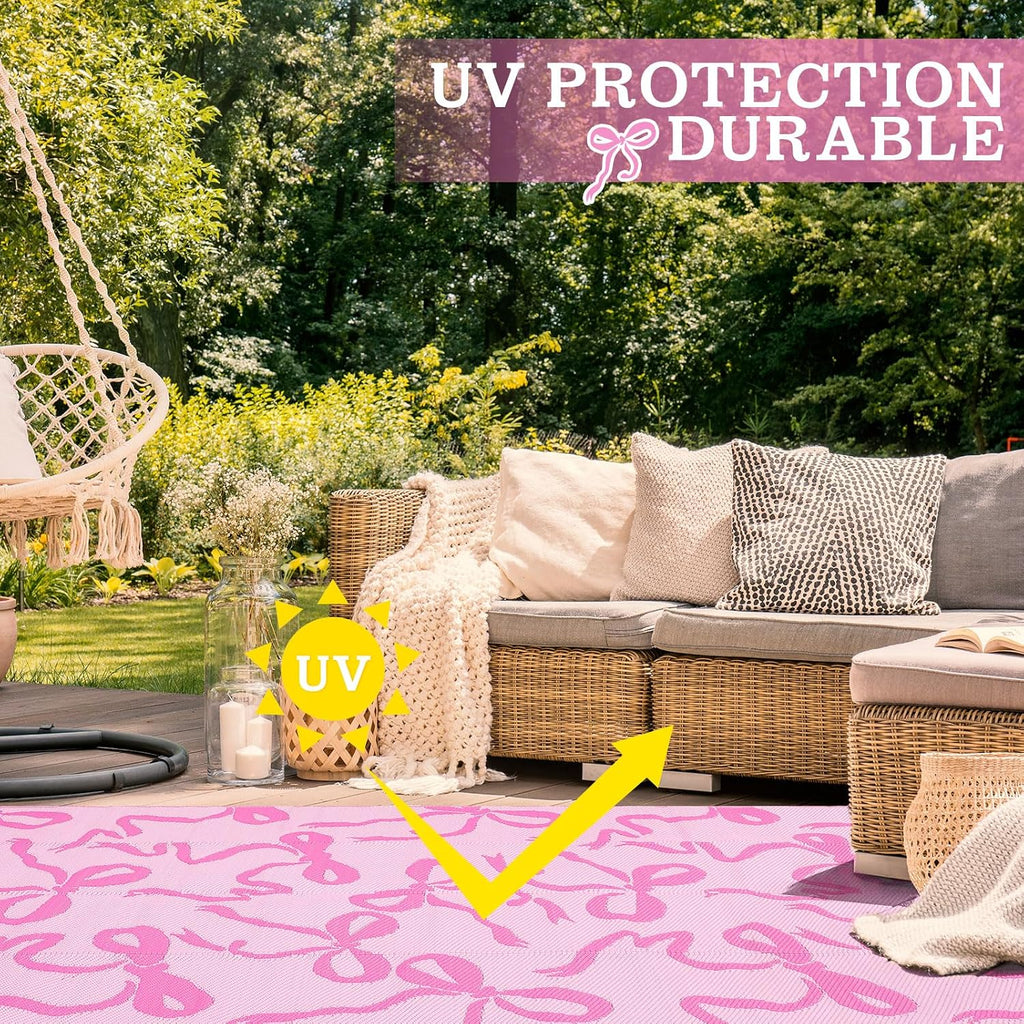 Pink Bow Outdoor Rug 5 x 8 ft Waterproof Plastic Straw Rugs