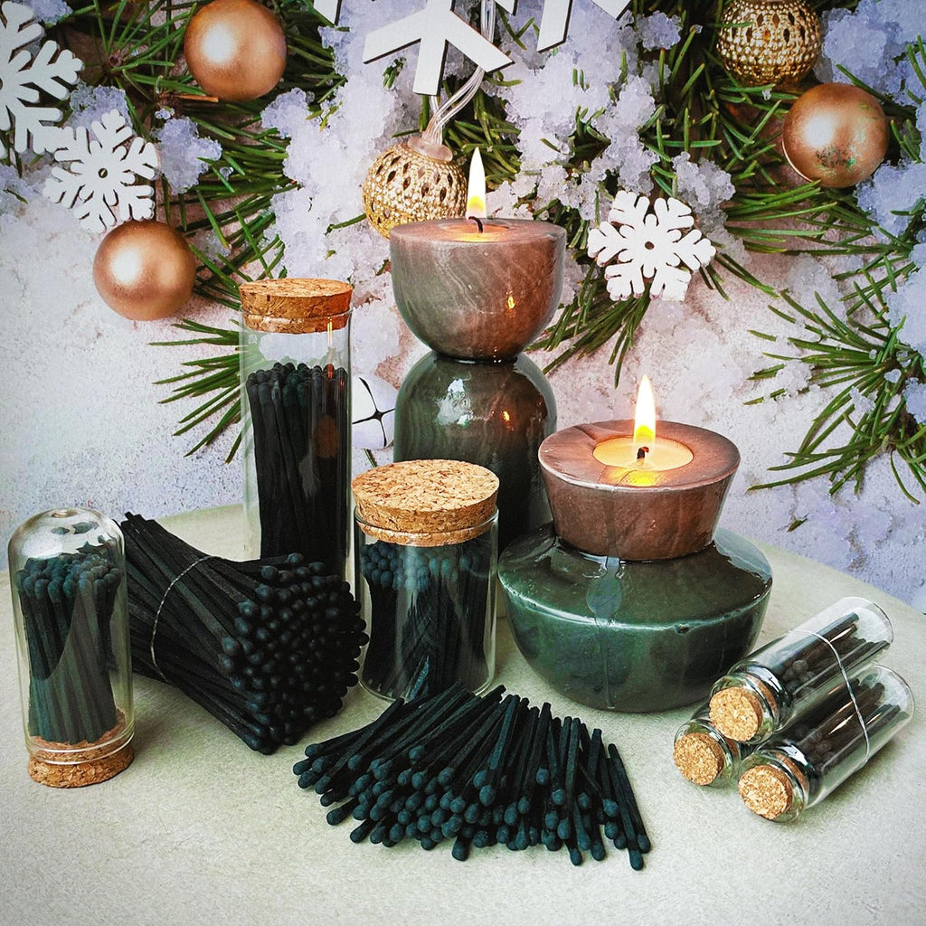 Decorative Matches in a Glass Jar | 4" All Black Long Matches (100 Match Sticks) + Cork Top Glass Holder + Striker