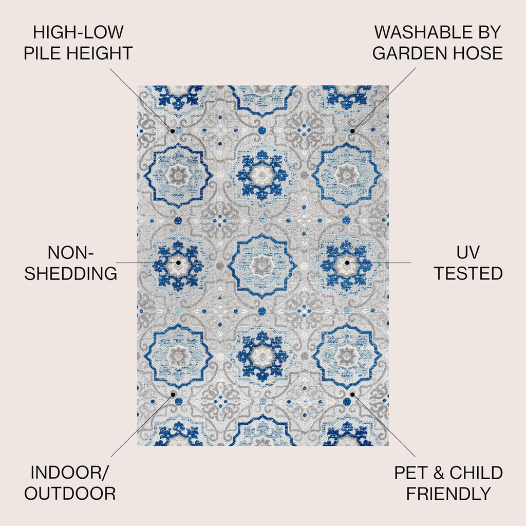 Mediterranean Medallion Indoor Outdoor Area Rug Blue/Gray, Boho for Backyard, Patio, Porch, Easy-Cleaning, High
