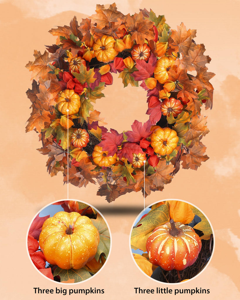 Thanksgiving Fall Wreath for Front Door 24 Inch Pumpkins Autumn Wreaths