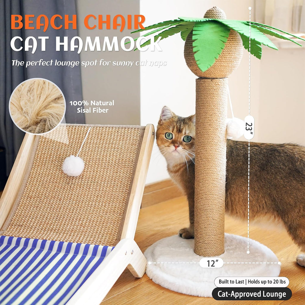 Cat Hammock with Coconut Palm Tree Scratching Post, Cozy Beach Chair Elevated Cat Beds, Original Lounger for Indoor