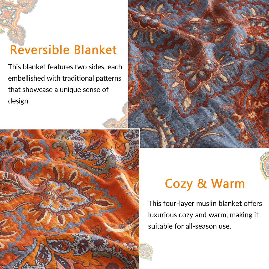 Boho Throw Blanket, 100% Cotton, Woven Floral Pattern, 60"x80"