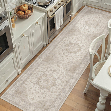 Beige Washable Runner Rug Vintage Oriental Medallion Carpet
