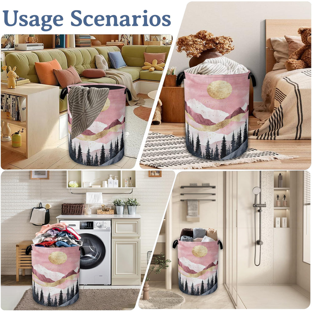 Mountains Laundry Basket,Foldable Oxford Cloth Sun Forest Golden Pink Laundry Hamper with Handles, 20.8"x16" Tote Bag