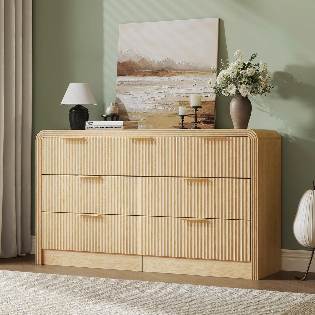 55" W Fluted 7-Drawer Dresser, Natural Oak