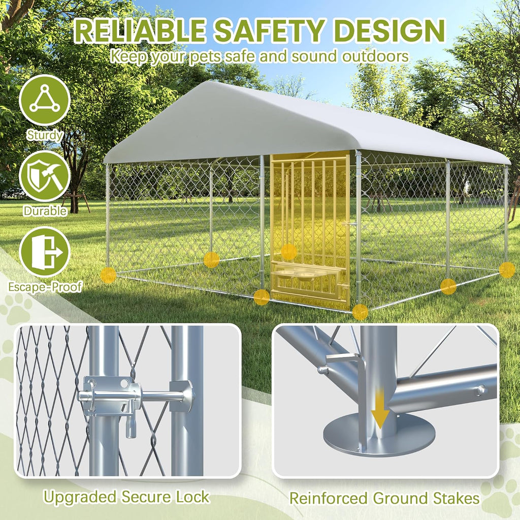 10FT x 10FT Outdoor Dog Kennel with Roof, Outside Dog Run Fence with Rotated Dog Bowls, Large Dog House Pen Enclosure