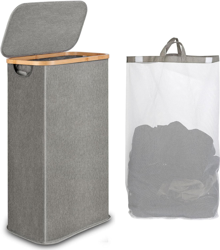 65L Slim Laundry Hamper, Narrow Laundry Basket with Lid,Foldable Clothes Hamper with Bamboo Handles,Hamper Basket