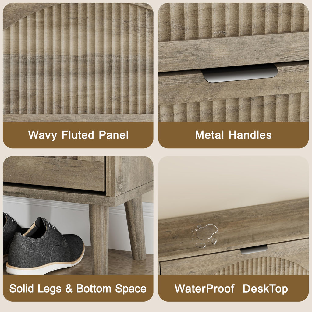 Shoe Storage Cabinet with 3 Flip Drawers, Narrow Wood Shoe Organizer Cabinet with Fluted Panel, Slim Shoe Rack