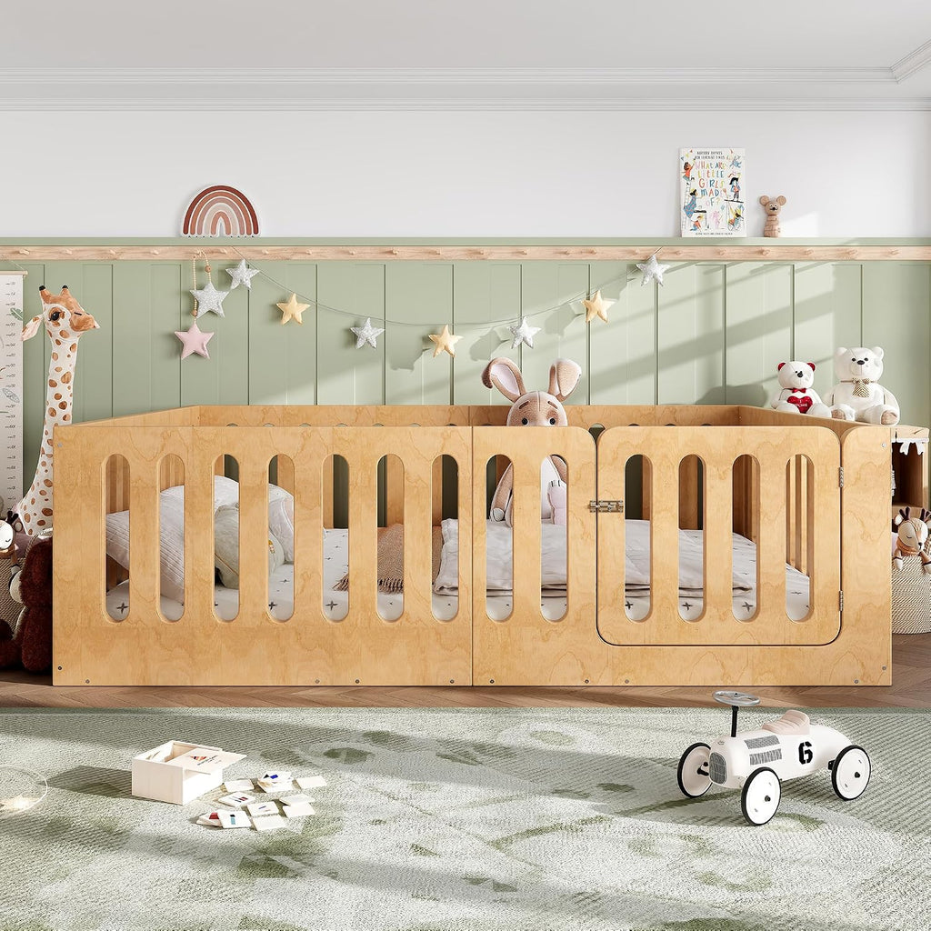 Wood Montessori Floor Bed Frame with High Fence, Natural