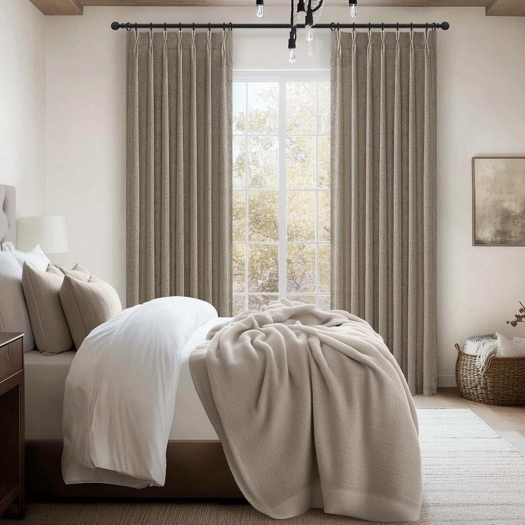 Extra Short 45 Inch Dark Flax Light Filtering Kitchen Curtains 2 Panels Set, Memory Trained Pinch Pleated Farmhouse