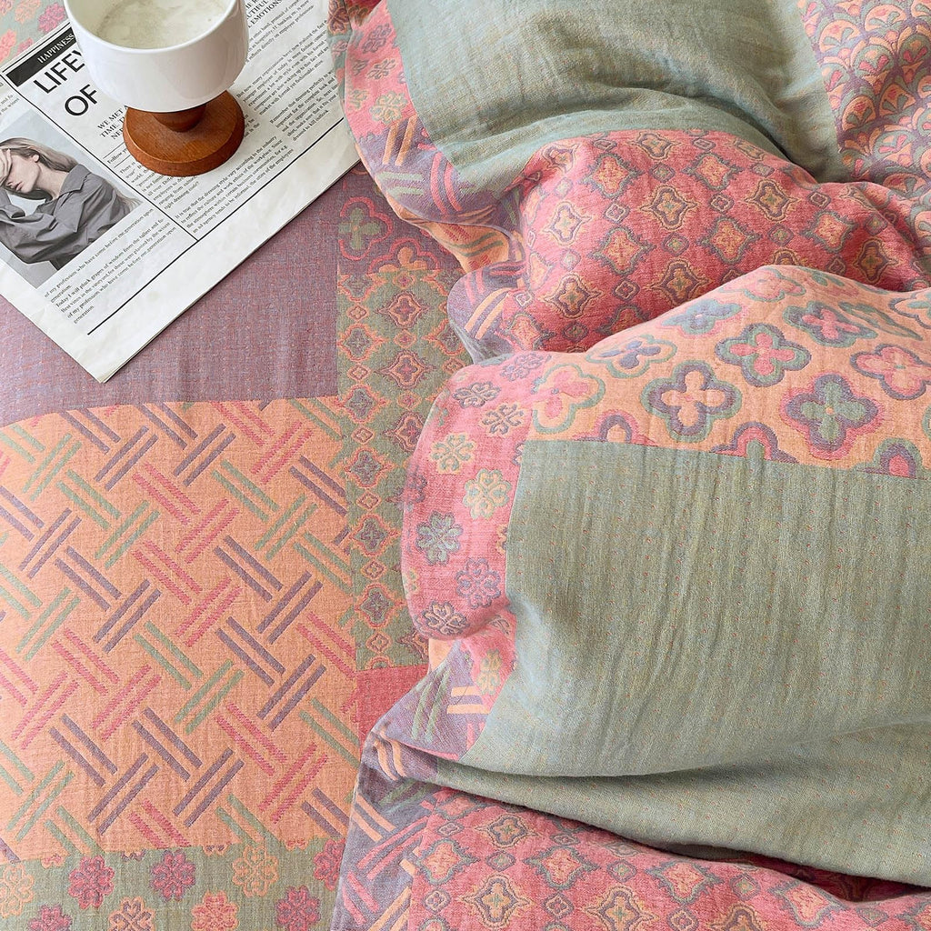 100% Cotton Double Layer Yarn Duvet Cover Set, Vintage Patchwork Floral Jacquard Textured Comforter Cover, Reversible