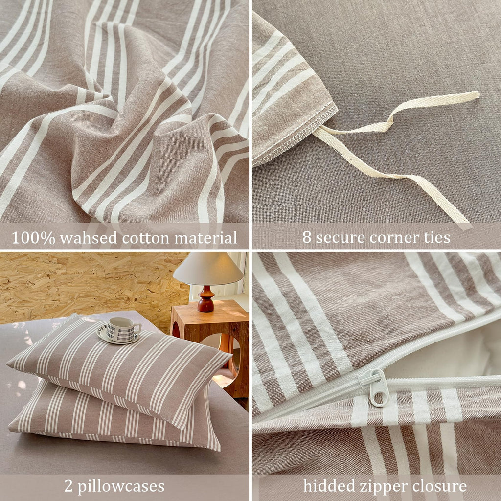 Striped Duvet Cover Set 100% Washed Cotton Linen Like Super Soft Chic Bedding Set 3 Pcs Light Brown-White