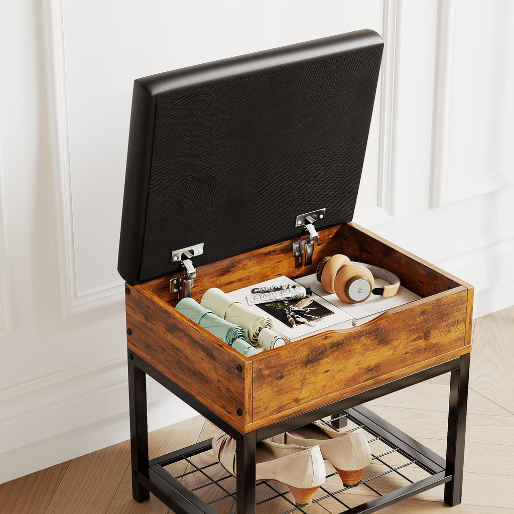 Shoe Storage Bench, Small Ottoman with Storage, Padded Seat, Brown