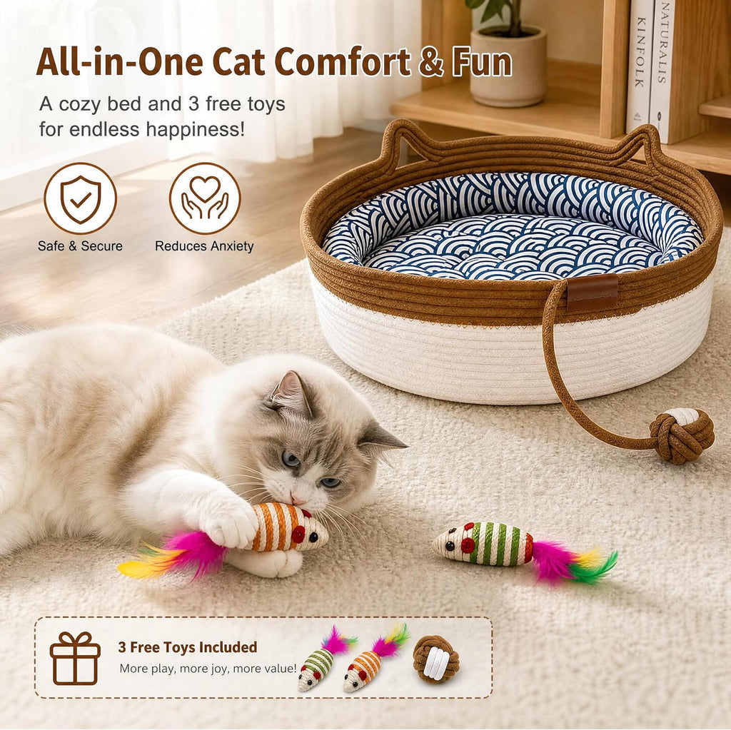 Large Handwoven Cat Basket Bed, Cotton Rope Woven Cat Beds for Indoor Cats