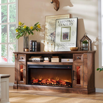 Farmhouse Fireplace TV Stand for 80" TV, Reclaimed Barnwood Color