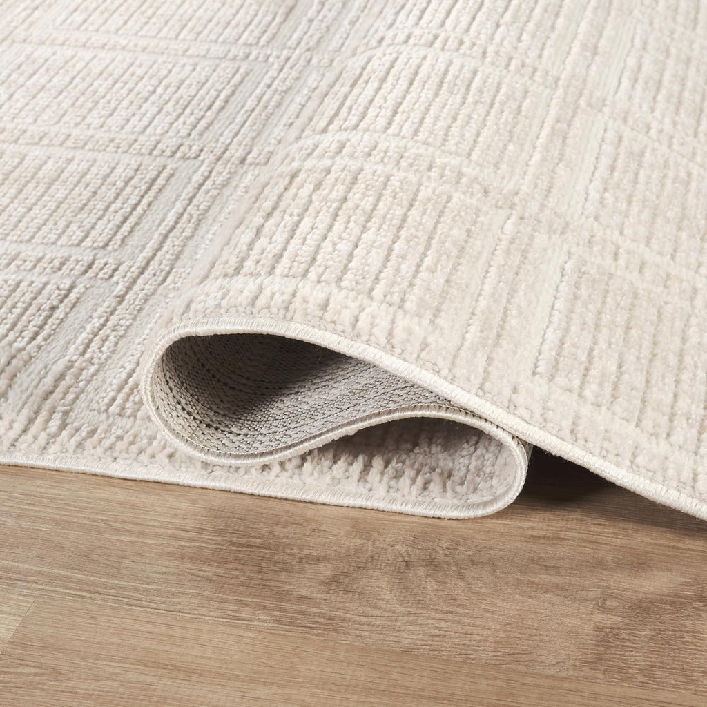 Beige Area Rug - - Burke Collection - Checkered Grid Pattern - Easy to Clean - Durable, or Office, Pet &
