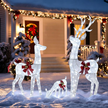 Pre-Lit Animated Deer Family, 3 Piece Christmas Deer Decor, White