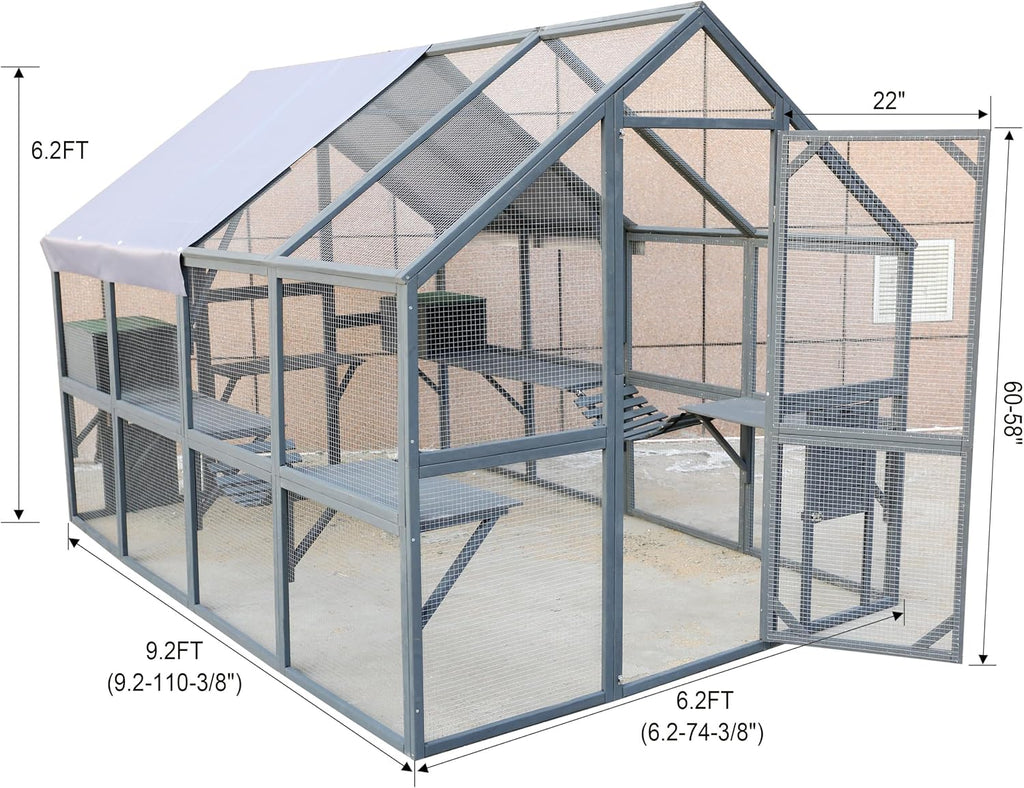Wood Frame Outdoor Cat Run with Mesh, 2 Houses, 7 Walks & Sliding Locks