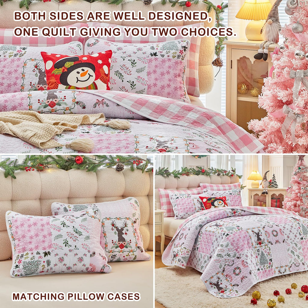 3pcs Christmas Quilt Set Queen, Pink Xmas Patchwork Design, Lightweight Microfiber Bedspread Coverlet for All Season