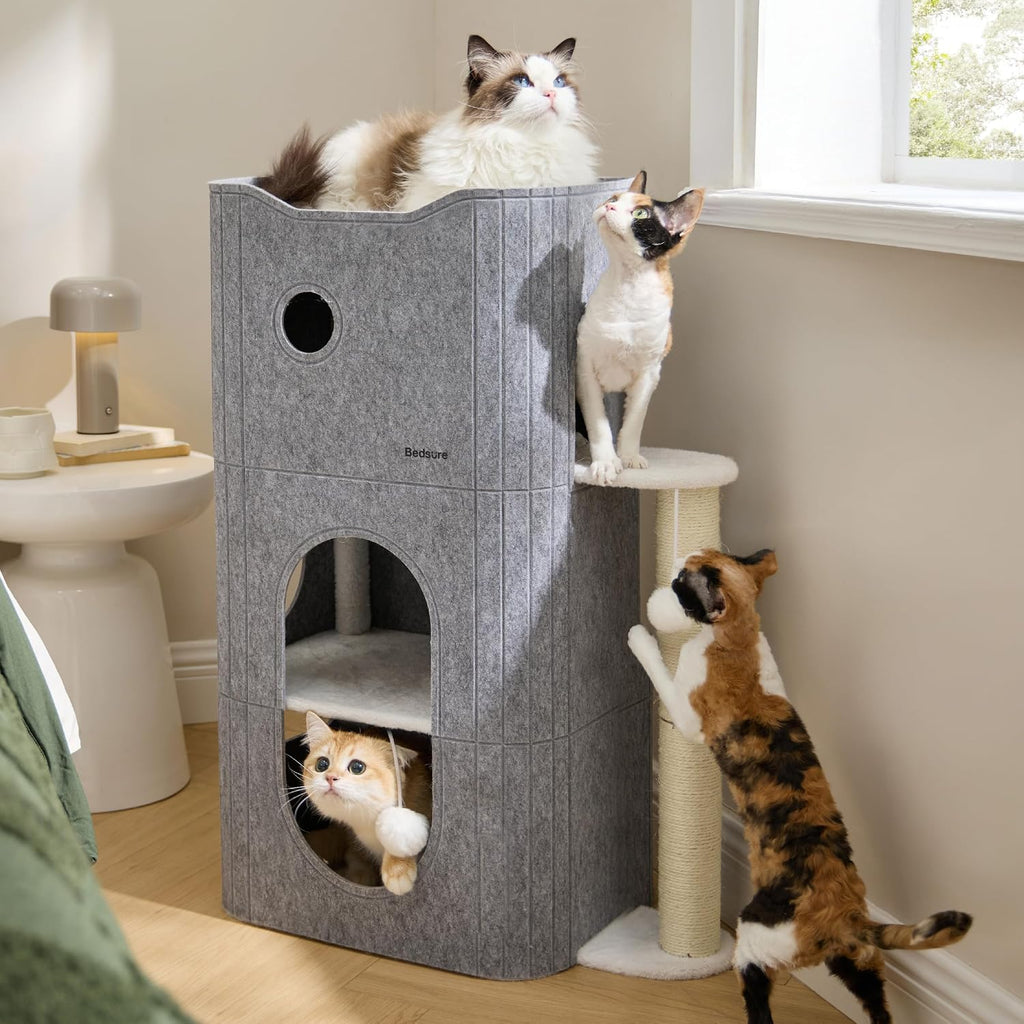 3-Level Cat Tree for Indoor Cats with Scratching Post, Grey