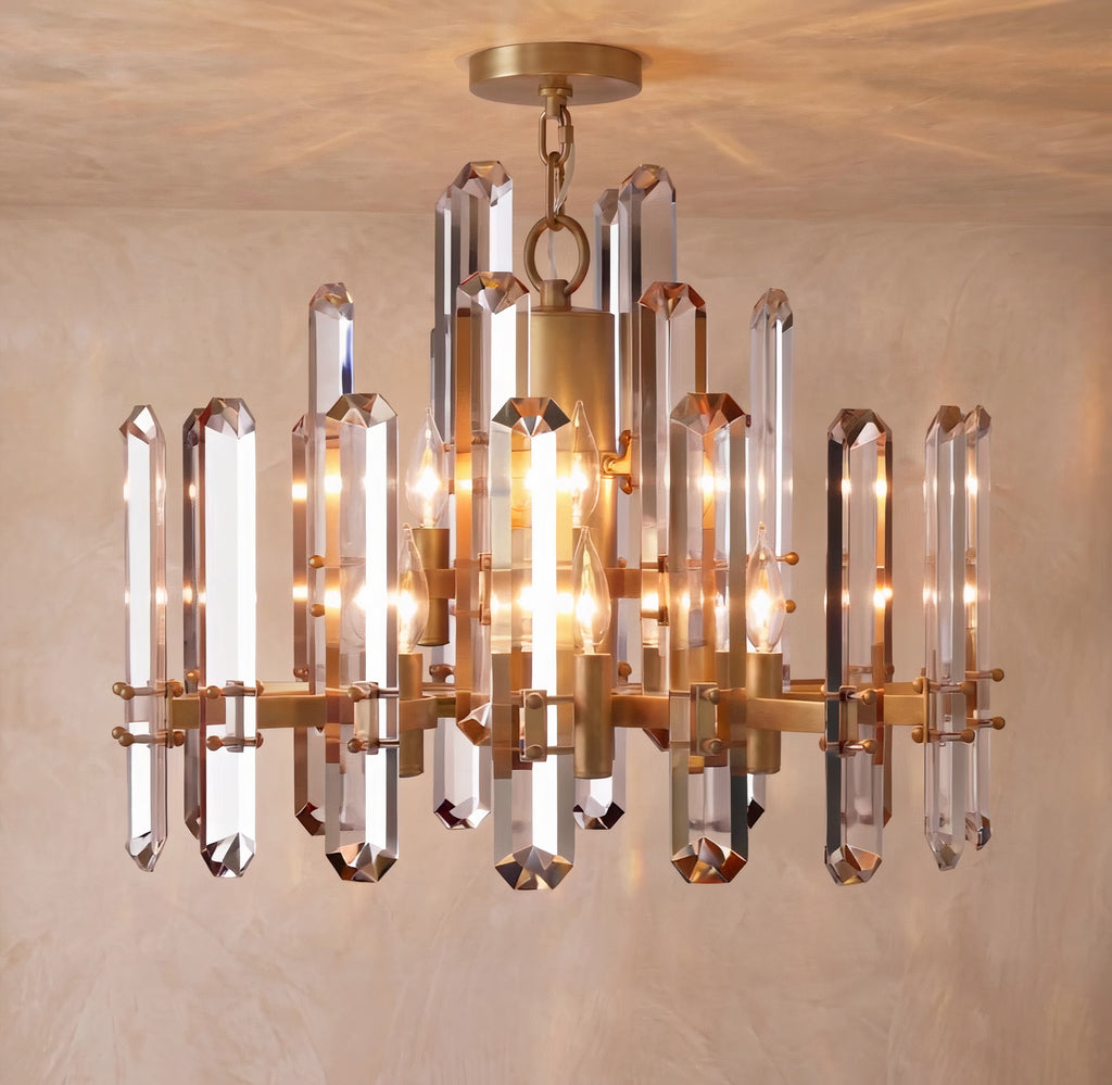 Inspired Bonnington Style 24 Inch Round Crystal Chandelier Lacquered Burnished Brass - Main Product View