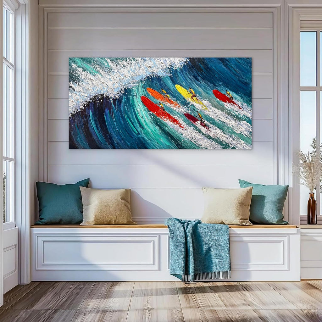 Coastal Canvas Wall Art Large Blue Beach Hand Painted Oil Painting Ocean Wave Wall Art Colorful Surfer Artwork