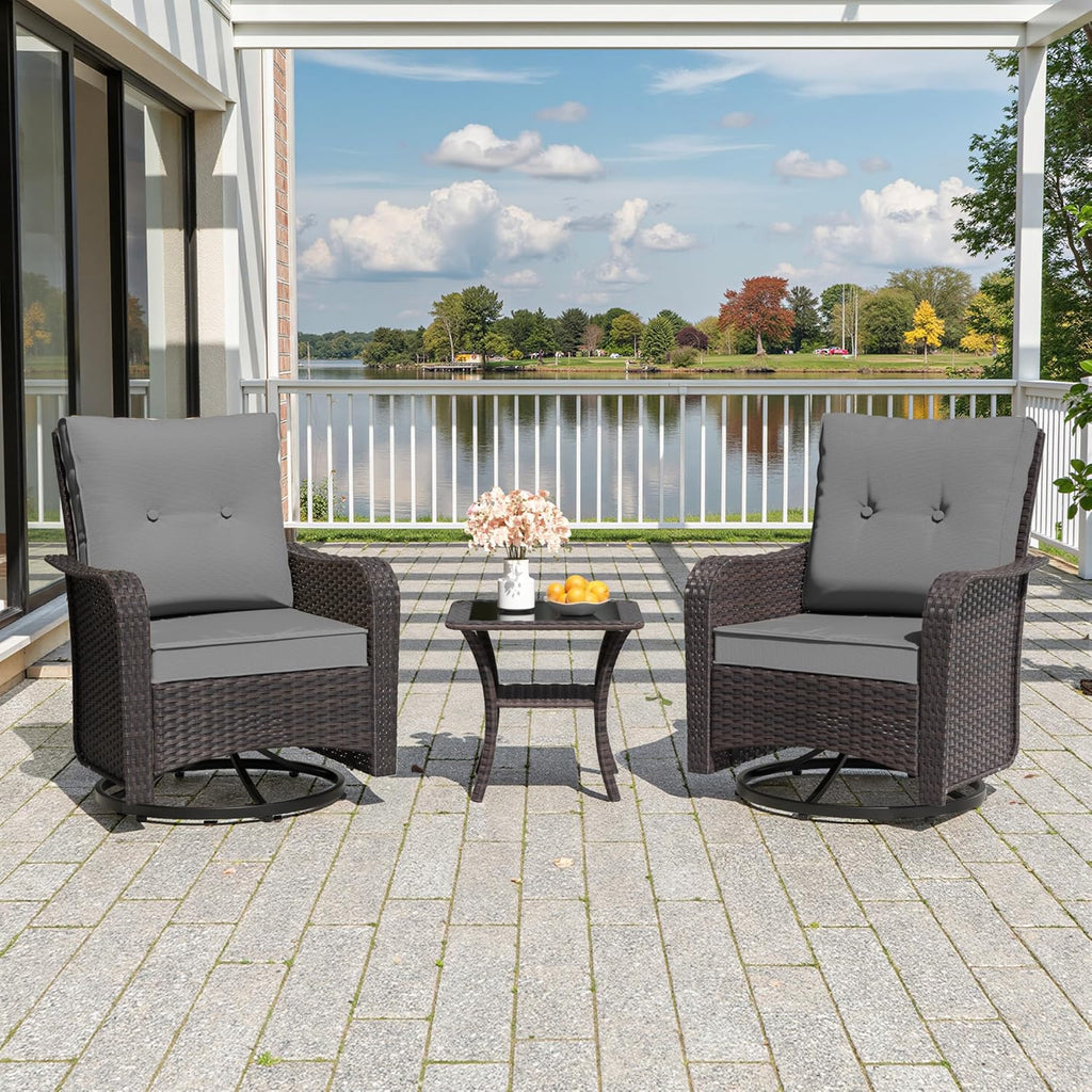 3 Piece Wicker Swivel Rocking Chair Set, Outdoor Patio Glider Chair with Glass Top Coffee Table, Conversation