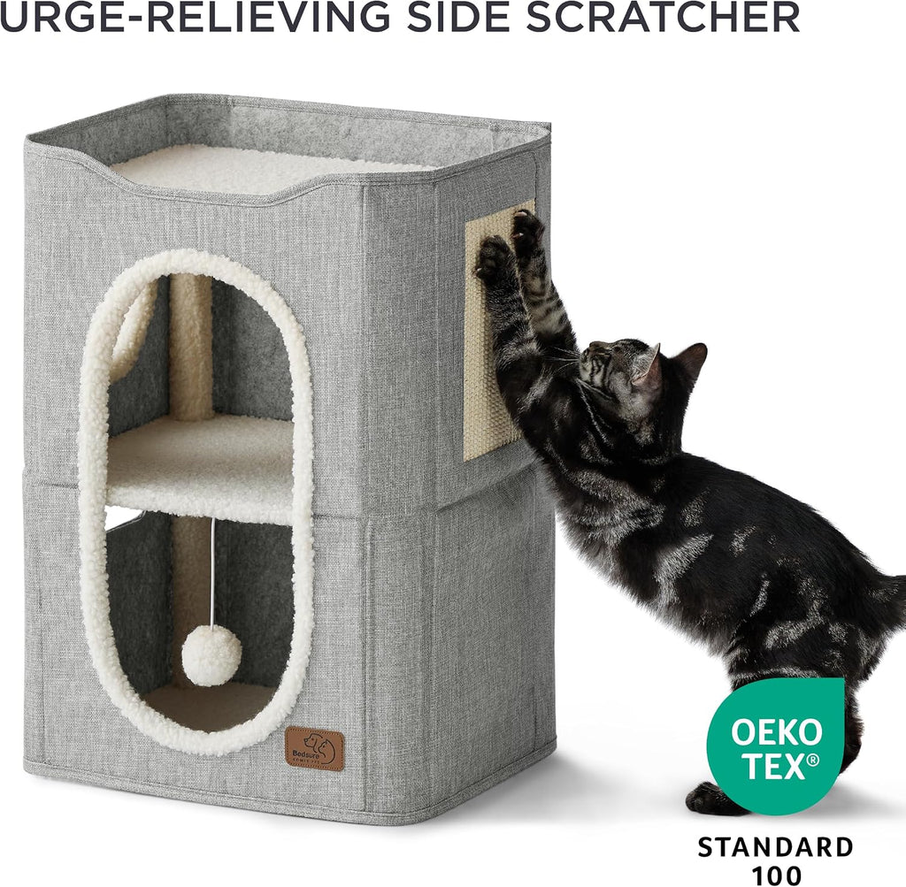 2 Story Cat House for Indoor Cats with Scratch Pad, 18x14x23 Grey