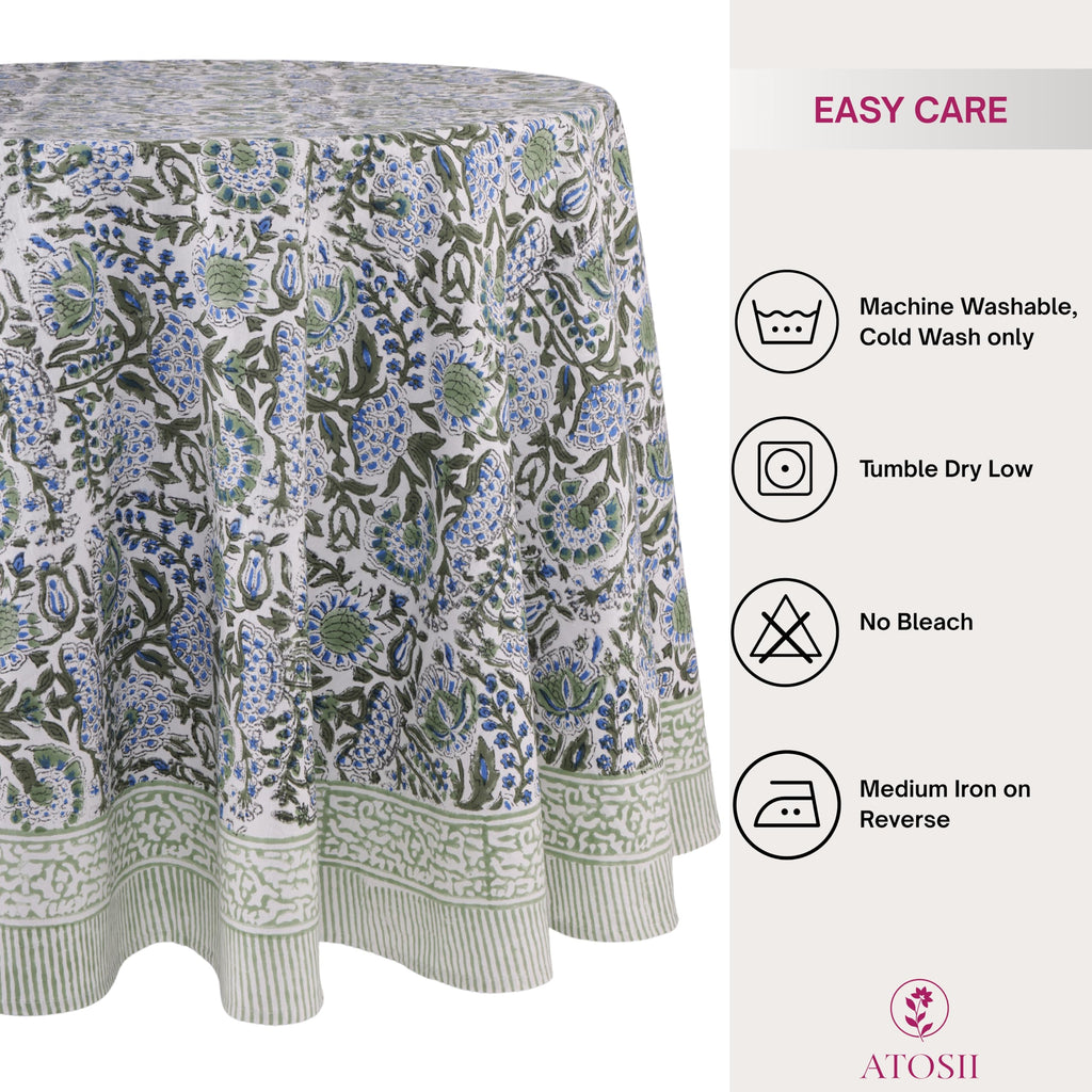Cotton Blockprint Round Tablecloth, Clover Blue, 72 Inches
