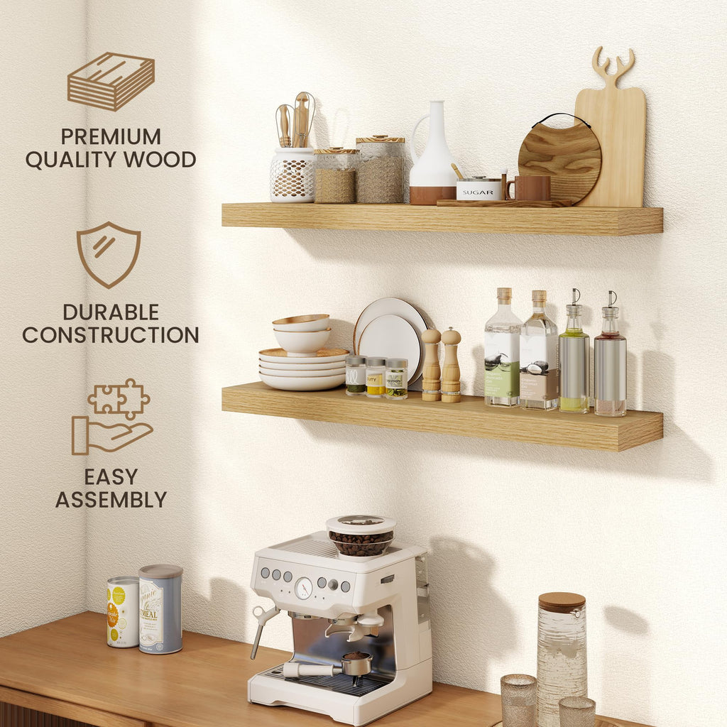 72 Inch Floating Shelves, 6.5 Inch Deep Oak Shelves Set of 2