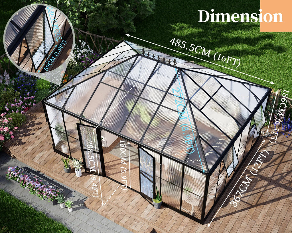 16x12x9.5 FT Pavilion Style Polycarbonate Greenhouse for Outdoors